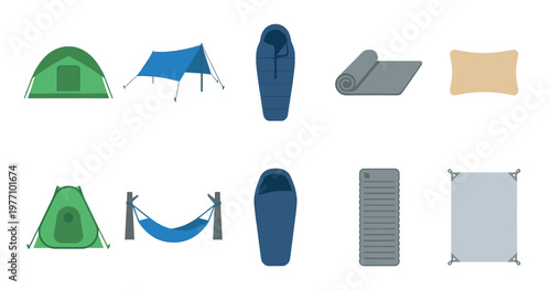 This flat vector illustration depicts a collection of essential camping equipment against a clean white background, ideal for outdoor activity themes.