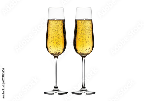 Two pristine crystal champagne flutes, filled three-quarters with golden sparkling champagne showing intense effervescence, isolated on brilliant white background. Luxury celebration concept