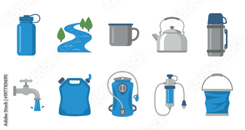 A collection of flat design icons representing various outdoor water equipment including bottles, kettles, filters, and containers against a white background.