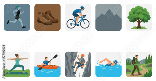 Collection of flat design icons depicting various outdoor sports and recreational activities like running, hiking, cycling, yoga, kayaking, climbing, swimming, and nature scenery.