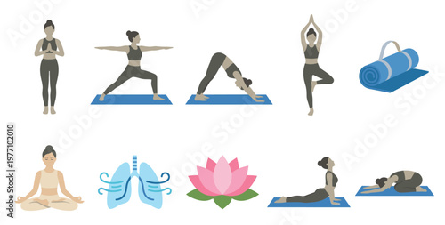 Diverse collection of flat design illustrations showcasing various yoga poses, lungs, and a lotus flower, ideal for wellness and health-related projects.