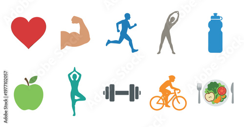 A collection of colorful flat icons representing health and fitness activities, including a heart, muscle, running, yoga, cycling, and a healthy meal on a white background.