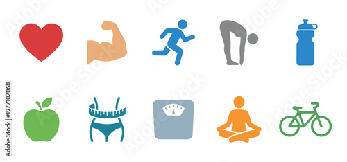 A collection of ten colorful icons representing various aspects of health and fitness, including a heart, muscle, running person, yoga pose, apple, and bicycle.