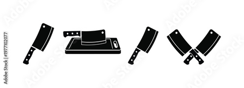 Butcher Cleaver knife silhouette Icon Set. Crossed butcher's knife. Meat Chopper and Cutting Board shop logo.