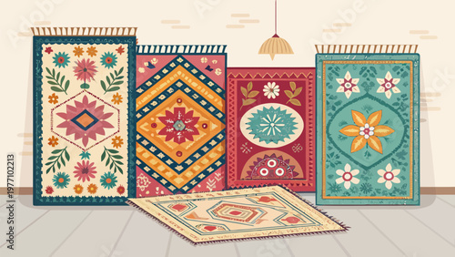 Colorful assortment of decorative wool rugs with floral patterns and geometric designs on display