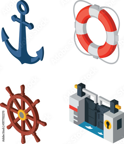 Maritime Isometric Vector Icons featuring Anchor Lifebuoy and Ship Wheel