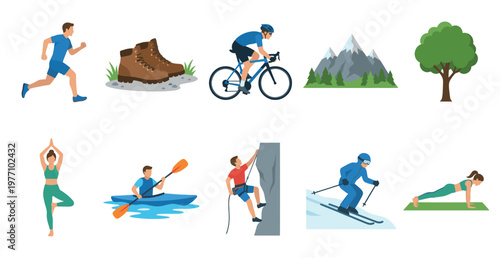 A vibrant collage showcases diverse outdoor and fitness activities like running, biking, hiking, kayaking, climbing, skiing, and yoga, promoting healthy lifestyles and adventure.