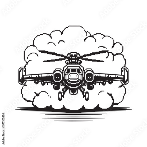 A pixelated helicopter emerges from a fluffy cloud in black and white