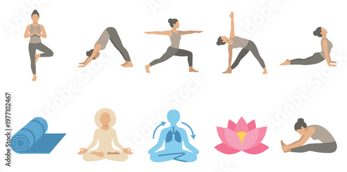 This graphic displays various yoga poses and meditation elements including a rolled up mat, a person meditating, a lungs graphic, and a lotus flower, rendered in a flat design style.