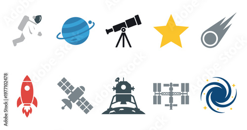 A collection of flat graphic icons depicting space exploration and celestial objects including an astronaut, planet, rocket, star, and galaxy.