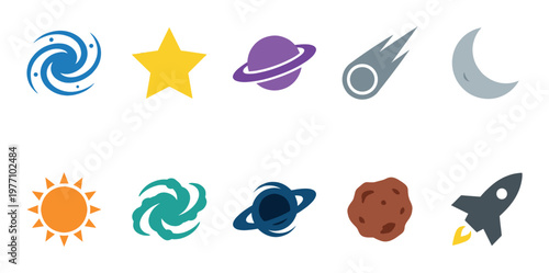 Collection of flat, colorful vector icons depicting various space elements including galaxies, stars, planets, a comet, moon, sun, asteroid, and rocket ship.