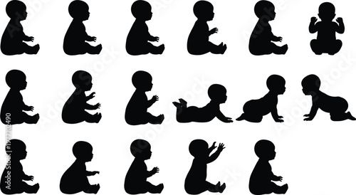 Collection of black baby silhouettes in various sitting and crawling poses isolated on white background, perfect for nursery decor, parenting blogs, and infant developmental milestones designs.