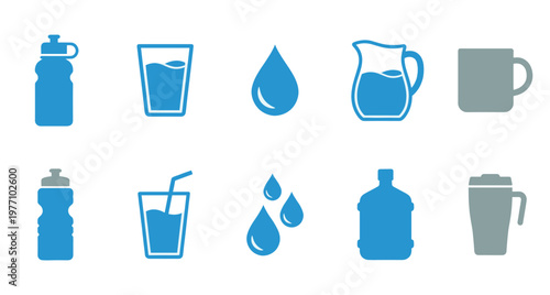 Collection of stylized icons representing various ways to consume and store water, including bottles, glasses, jugs, drops, and mugs in blue and grey.