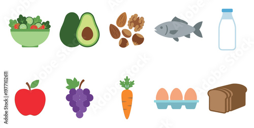 A collection of fresh, healthy food items in a clean, flat design style, perfect for illustrating balanced nutrition and dietary concepts.