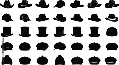 Diverse hat silhouette set featuring black icons of cowboy hats baseball caps top hats berets and beanies for fashion retail and apparel design.