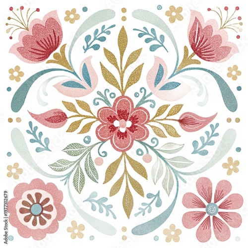 Φωτογραφία Folk floral symmetrical ornament with pastel flowers