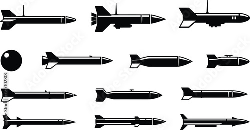 Missile and rocket silhouettes collection featuring ballistic weapons warheads and tactical bomb shapes isolated on white background for military defense aerospace and conflict