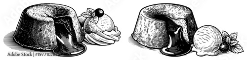 Chocolate lava cakes with ice cream scoops and mint leaves vintage engraving style