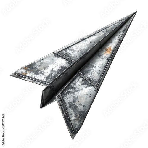 A weathered, metallic paper airplane with a distressed texture is dramatically illuminated against a stark black background.
