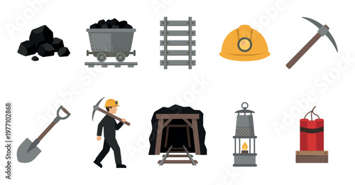A collection of flat design icons representing coal mining industry elements including coal, cart, tracks, helmet, pickaxe, shovel, miner, mine entrance, lantern, and dynamite.