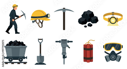 A flat illustration collection of mining equipment including a miner, pickaxe, helmet, coal, headlamp, cart, shovel, jackhammer, dynamite, and safety mask.