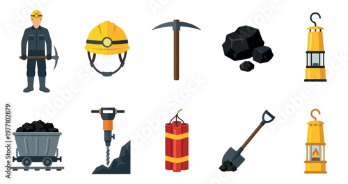 A collection of flat design icons depicting coal mining elements including a miner, hard hat, pickaxe, coal, lantern, trolley, drill, dynamite, and shovel.