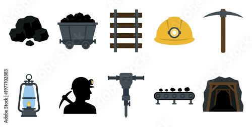 A flat design collection of icons representing coal mining equipment and resources including a miner silhouette, pickaxe, lantern, and mine entrance.