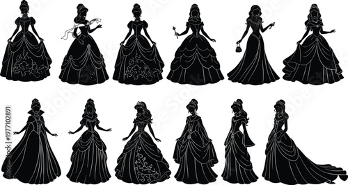 Princess silhouette collection featuring beautiful women in elegant ball gowns and royal dresses isolated on white background for fairy tale wedding and magical fashion design projects
