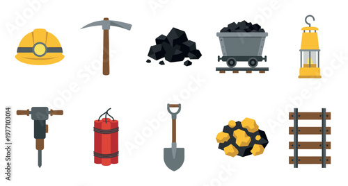 A collection of flat design icons representing various mining tools and resources including a helmet, pickaxe, coal, cart, lantern, drill, dynamite, shovel, gold, and railroad tracks.