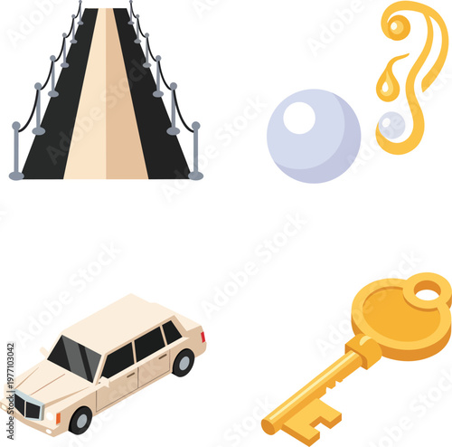 Luxury VIP Lifestyle Icons with Limousine Golden Key and Red Carpet