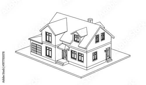 Minimal 3D house architectural line drawing vector isolated on white for design and planning