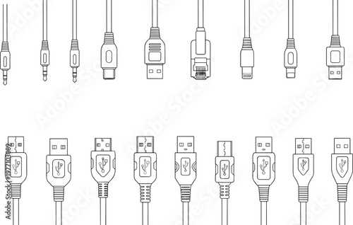 Vector illustration set of various electronic connection cables and power plugs including USB type-C, micro USB, lightning, ethernet, and audio jack connectors on white background.