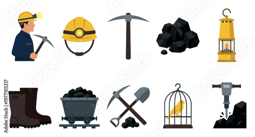 A collection of flat design illustrations depicting mining tools, coal, and safety gear, suitable for industrial or historical themes.