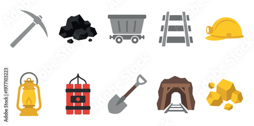 A collection of flat, vector icons represents mining tools and resources including a pickaxe, coal, cart, tracks, hard hat, lantern, dynamite, shovel, mine entrance, and gold nuggets.