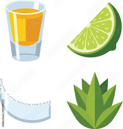 Tequila Shot Glass with Lime Wedge Salt and Agave Plant Vector