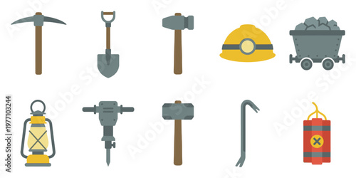 A flat design illustration featuring a collection of mining tools and equipment including a pickaxe, shovel, hammers, helmet, mine cart, lantern, jackhammer, crowbar.