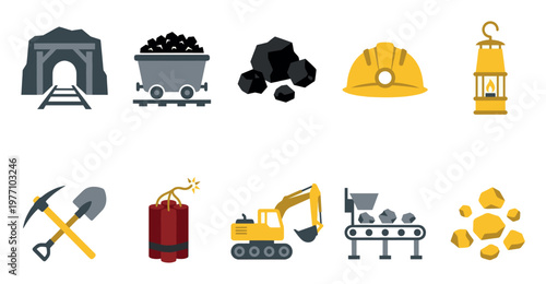 A collection of flat vector icons representing various aspects of the mining industry, including mine entrance, coal cart, coal, hard hat, lamp, tools, dynamite, excavator, conveyor belt, and gold.