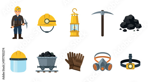A collection of colorful flat design icons representing miner tools, equipment, and a miner character with a pickaxe on a white background.