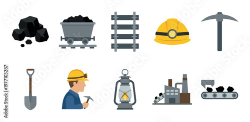 A flat design illustration featuring various mining industry icons, including coal, a mining cart, railroad tracks, a hard hat, pickaxe, shovel, miner, lantern, and factory on a white background.