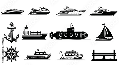 Nautical Transportation and Marine Equipment Icons Set