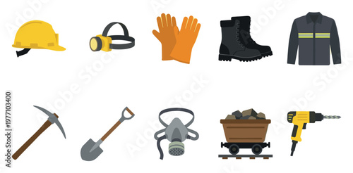A collection of mining essentials including a hard hat, headlamp, gloves, boots, jacket, pickaxe, shovel, mask, cart, and drill.