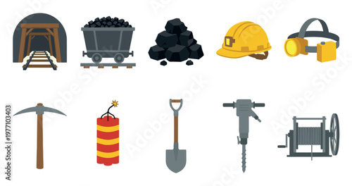 A collection of illustrated mining tools and equipment including a mine entrance, coal cart, helmet, pickaxe, shovel, and jackhammer, perfect for industry concepts.