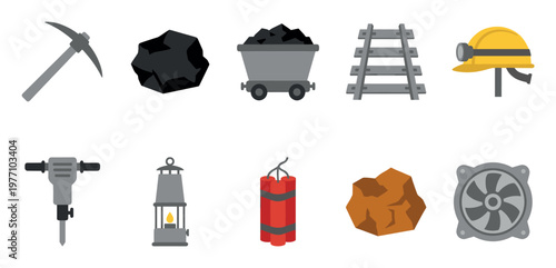 Collection of flat vector icons representing mining industry tools and equipment including a pickaxe, coal, hard hat, and jackhammer against a white background.