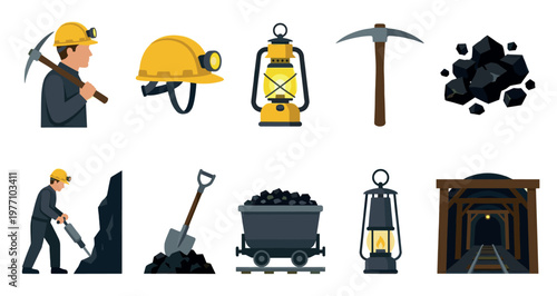 Collection of flat style illustrations depicting coal mining elements including miners, equipment, coal, and mine entrance, suitable for industrial and historical themes.