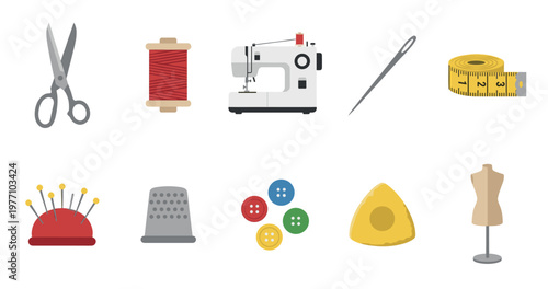 A flat design collection of essential sewing tools, including scissors, thread, a sewing machine, needle, tape measure, pins, thimble, buttons, chalk, and a mannequin.