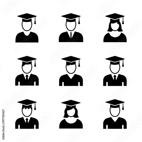 A set of nine black silhouette icons depict figures wearing graduation caps. Each icon shows slight variations in attire, conveying diversity.