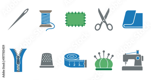 A collection of flat design icons representing various sewing tools including a needle, thread, fabric patch, scissors, fabric, zipper, thimble, measuring tape, pincushion, and sewing machine.