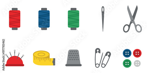 A collection of flat design icons representing various sewing and tailoring tools, including spools of thread, a needle, scissors, a thimble, and buttons, on a white background.