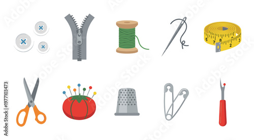 A collection of illustrated sewing tools, including buttons, zipper, thread, needle, tape measure, scissors, pincushion, thimble, safety pins, and seam ripper.