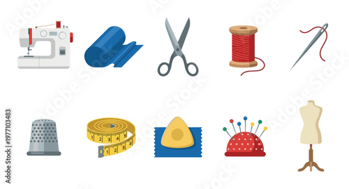 A collection of sewing supplies including a sewing machine, fabric, scissors, thread, needle, thimble, measuring tape, chalk, pincushion, and mannequin.